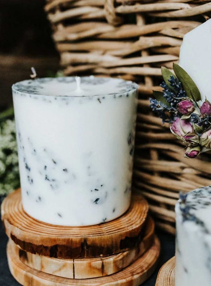 handmade organic rapeseed candle with lavender flowers and lavender essential oil