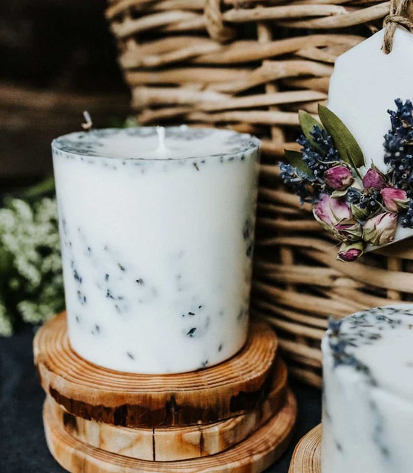 handmade organic rapeseed candle with lavender flowers and lavender essential oil