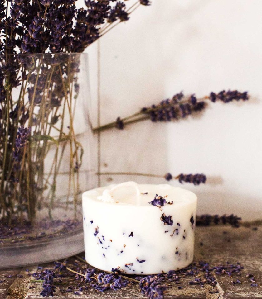 handmade organic rapeseed candle with lavender flowers and lavender essential oil