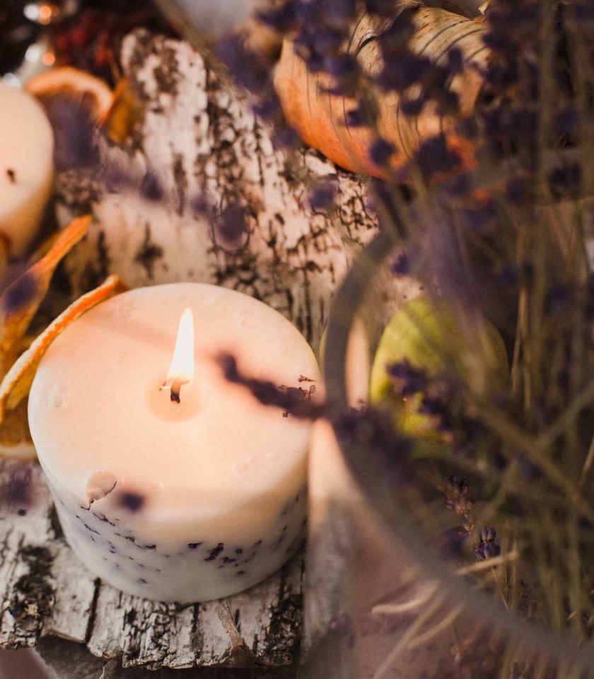 handmade organic rapeseed candle with lavender flowers and lavender essential oil