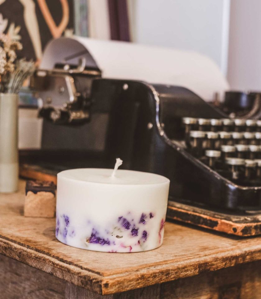 handmade organic rapeseed candle with meadow flowers and lemongrass essential oil