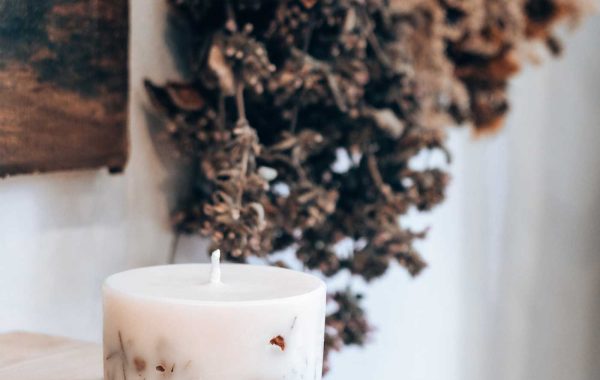 handmade organic rapeseed candle with forest flowers and eucalyptus and peppermint essential oil