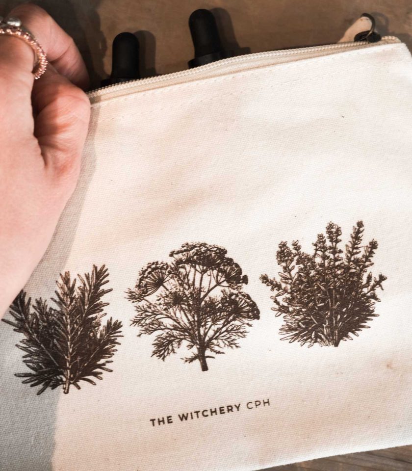 Organic cotton cosmetic pouch with old botanical print of rosemary, thyme and dill