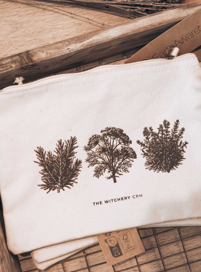 Organic cotton cosmetic pouch with old botanical print of rosemary, thyme and dill