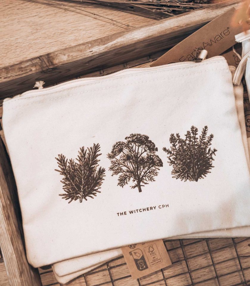 Organic cotton cosmetic pouch with old botanical print of rosemary, thyme and dill